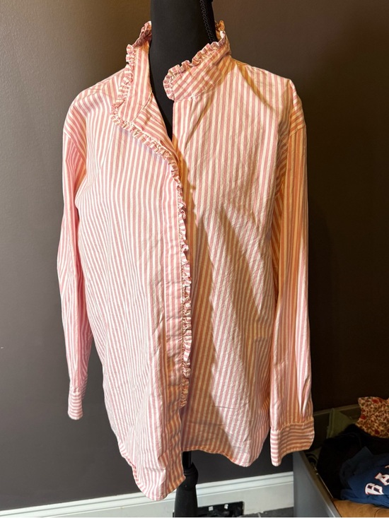 crown & ivy Tops - crown & ivy Pink and White Striped Ruffle-Trim Button Down Shirt